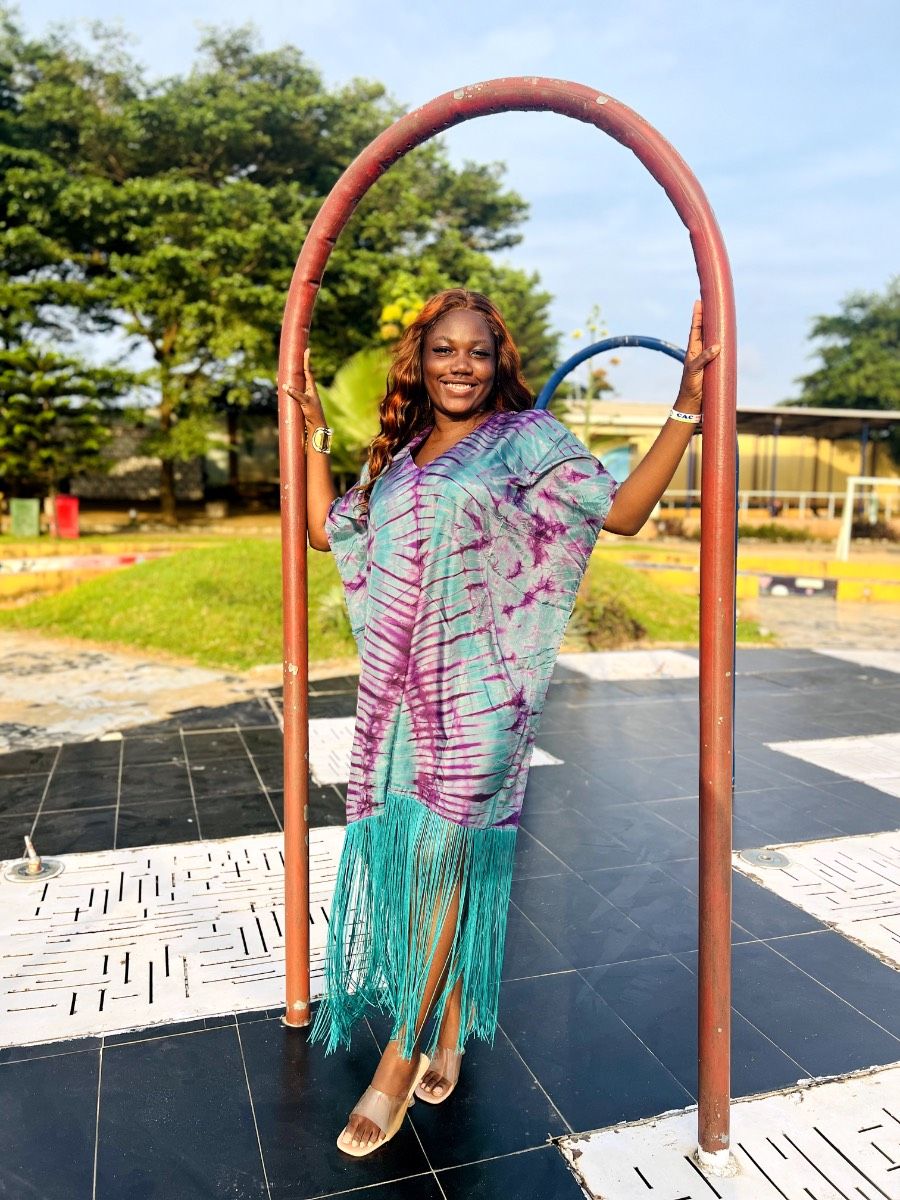 Adire silk gown with fringe